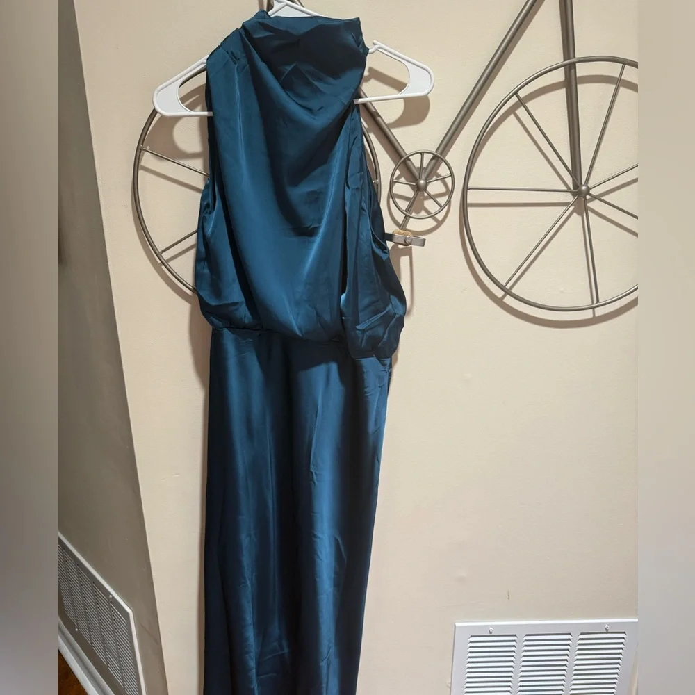 Petal & Pup Teal One-Shoulder Anabelle Halter Neck Midi Dress - Picture 5 of 5